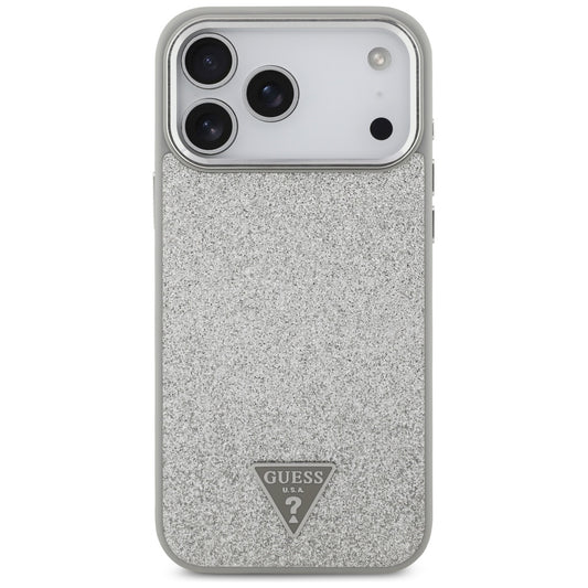 Husa MagSafe pentru Apple iPhone 17 Pro Max, Guess, Glitter Triangle Logo, Argintie