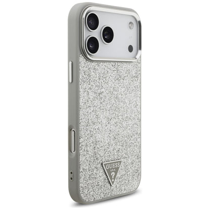 Husa MagSafe pentru Apple iPhone 17 Pro Max, Guess, Glitter Triangle Logo, Argintie