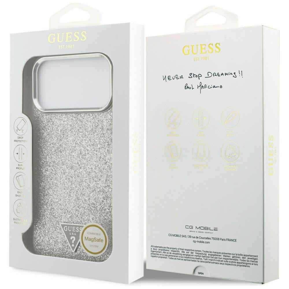 Husa MagSafe pentru Apple iPhone 17 Pro Max, Guess, Glitter Triangle Logo, Argintie
