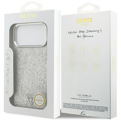 Husa MagSafe pentru Apple iPhone 17 Pro Max, Guess, Glitter Triangle Logo, Argintie