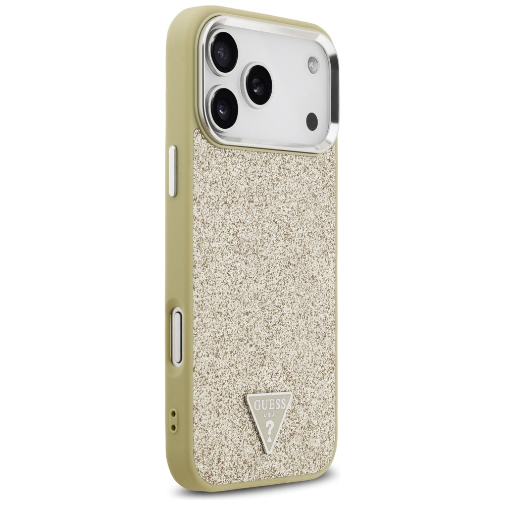 Husa MagSafe pentru Apple iPhone 17 Pro Max, Guess, Glitter Triangle Logo, Aurie