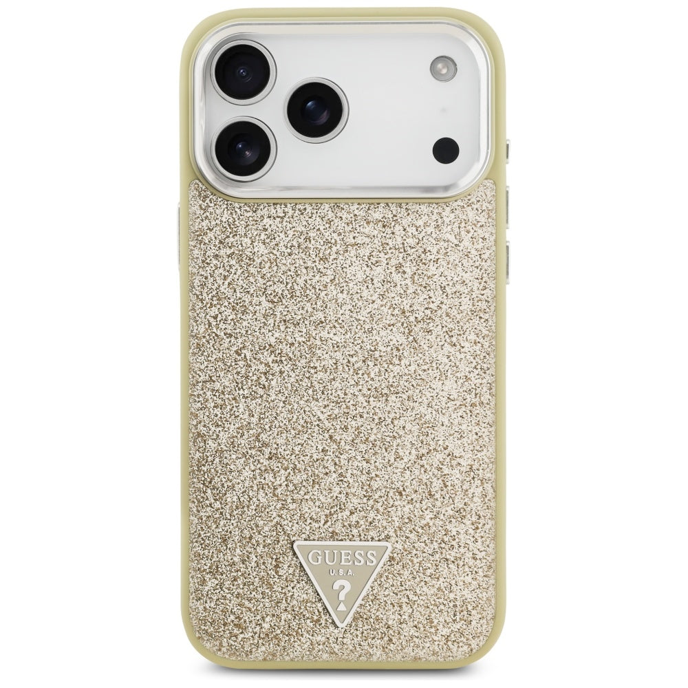 Husa MagSafe pentru Apple iPhone 17 Pro Max, Guess, Glitter Triangle Logo, Aurie