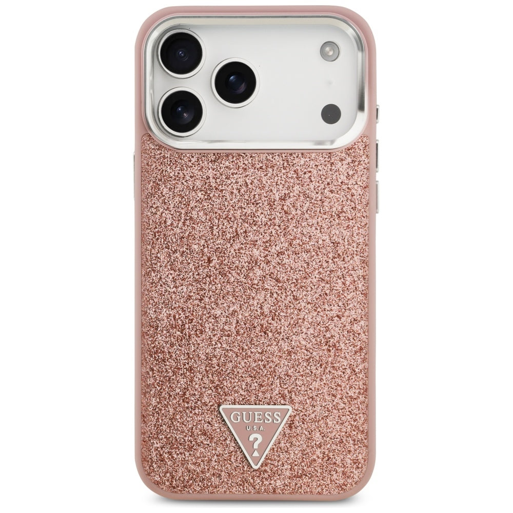 Husa MagSafe pentru Apple iPhone 17 Pro Max, Guess, Glitter Triangle Logo, Roz