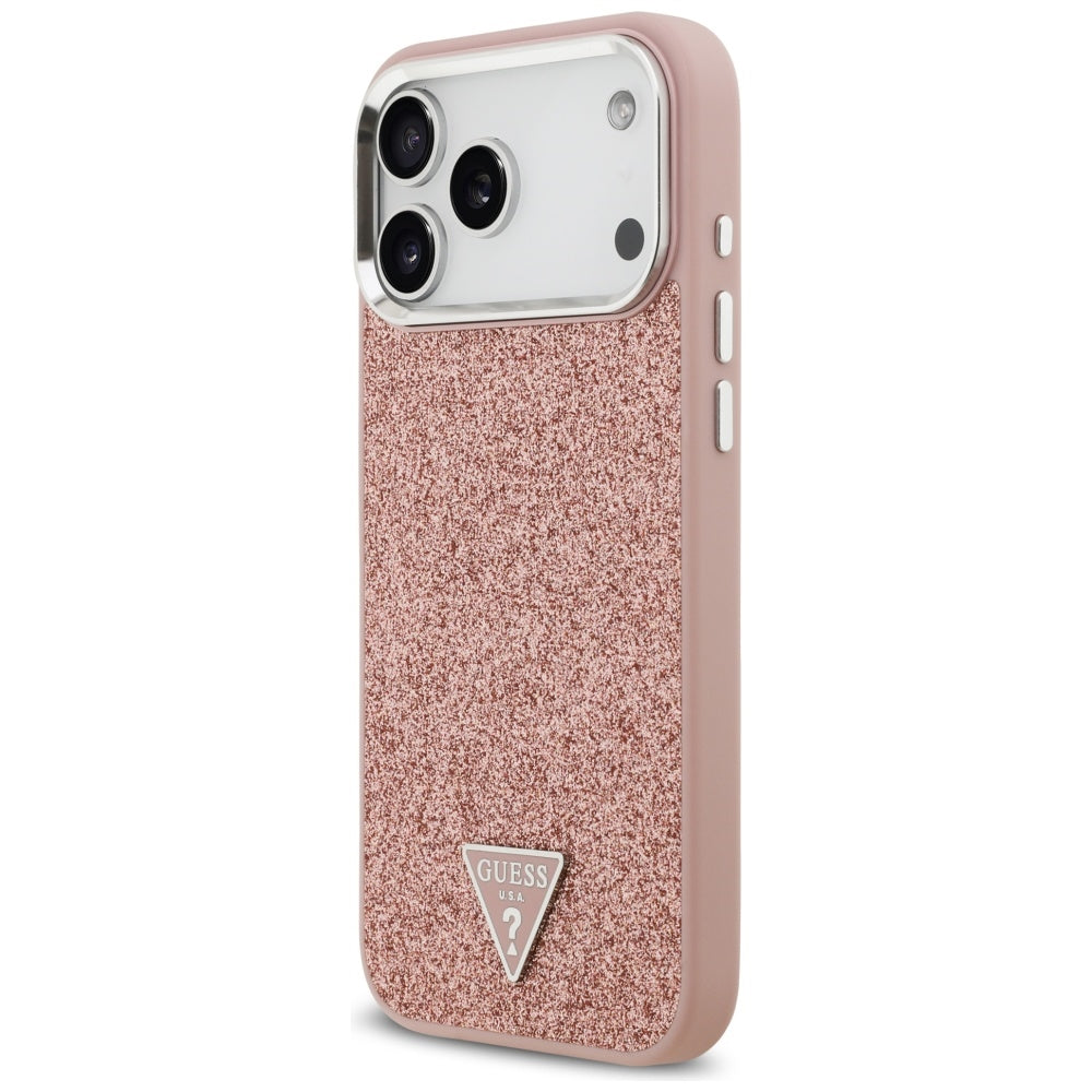 Husa MagSafe pentru Apple iPhone 17 Pro Max, Guess, Glitter Triangle Logo, Roz