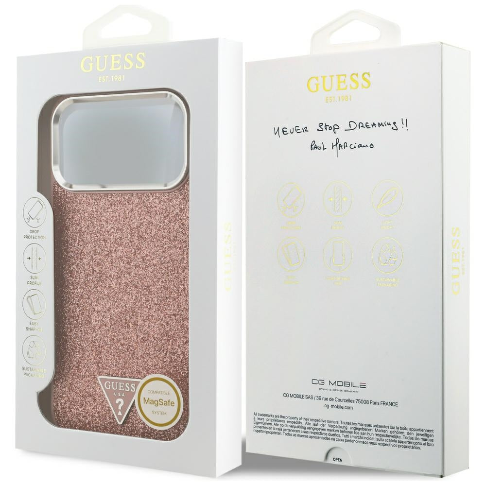 Husa MagSafe pentru Apple iPhone 17 Pro Max, Guess, Glitter Triangle Logo, Roz