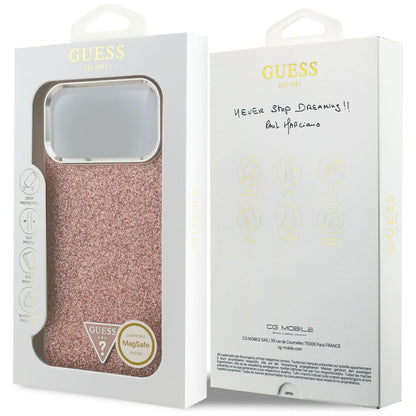 Husa MagSafe pentru Apple iPhone 17 Pro Max, Guess, Glitter Triangle Logo, Roz