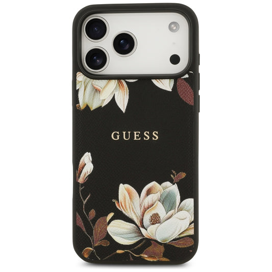 Husa MagSafe pentru Apple iPhone 17 Pro Max, Guess, Grained Flowers, Neagra