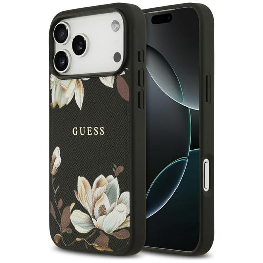 Husa MagSafe pentru Apple iPhone 17 Pro Max, Guess, Grained Flowers, Neagra