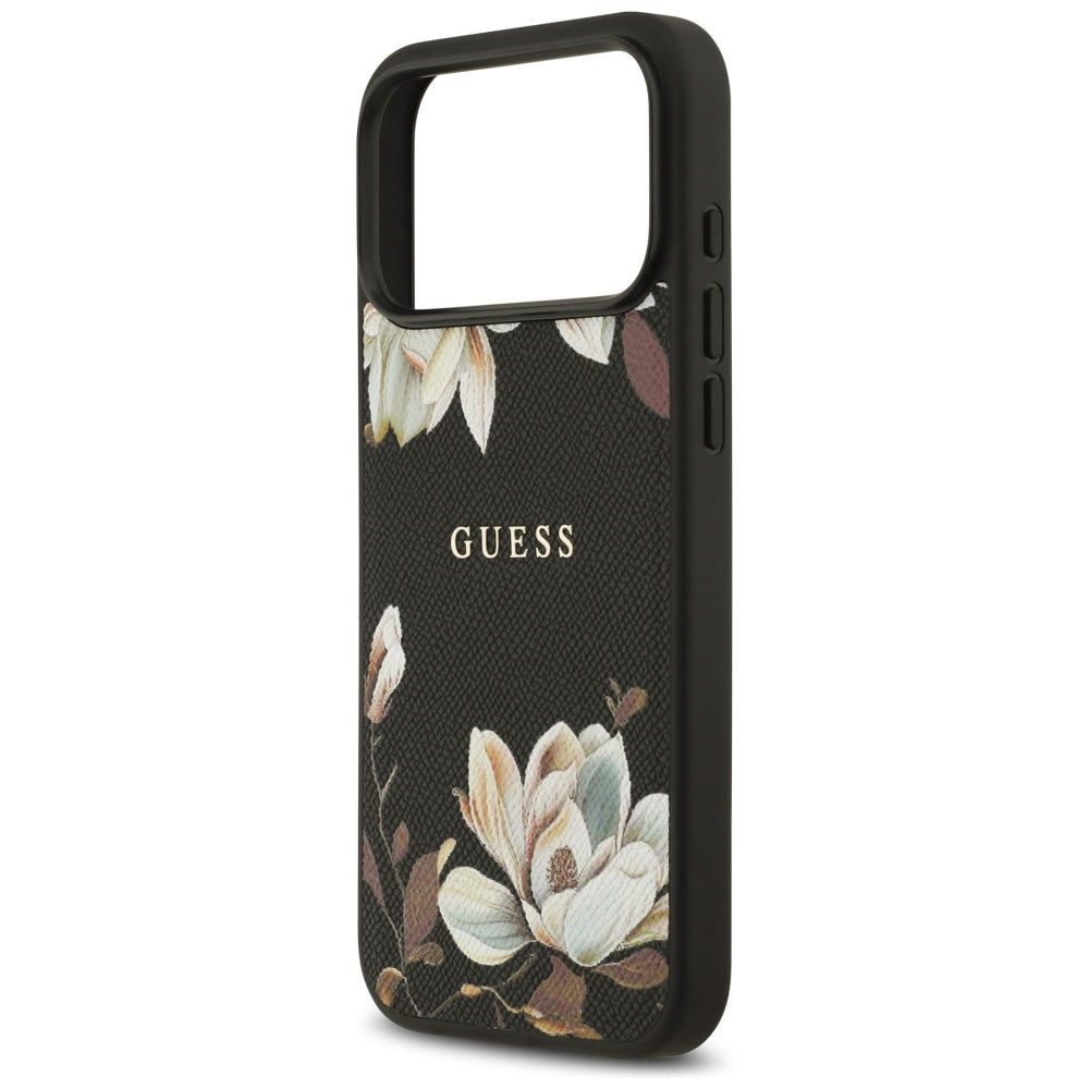 Husa MagSafe pentru Apple iPhone 17 Pro Max, Guess, Grained Flowers, Neagra