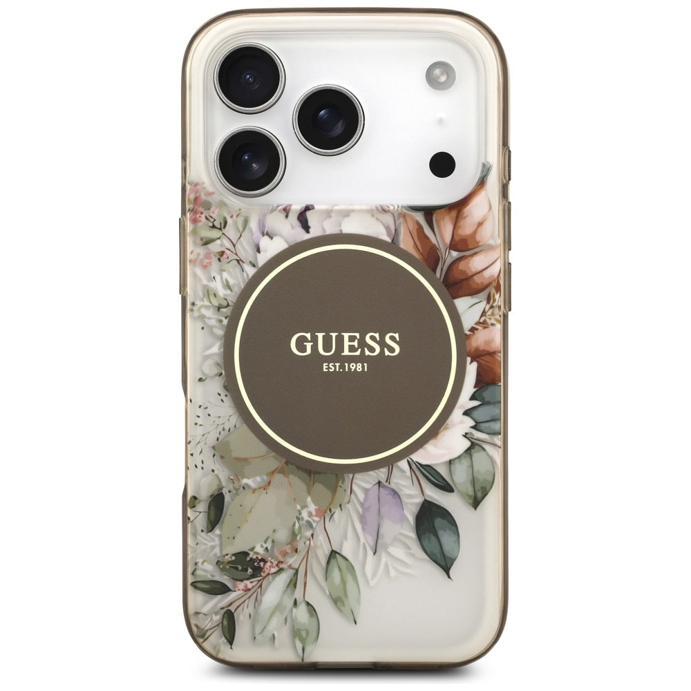 Husa MagSafe pentru Apple iPhone 17 Pro Max, Guess, IML Flower & Tonal Circle, Maro