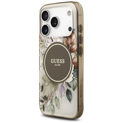 Husa MagSafe pentru Apple iPhone 17 Pro Max, Guess, IML Flower & Tonal Circle, Maro