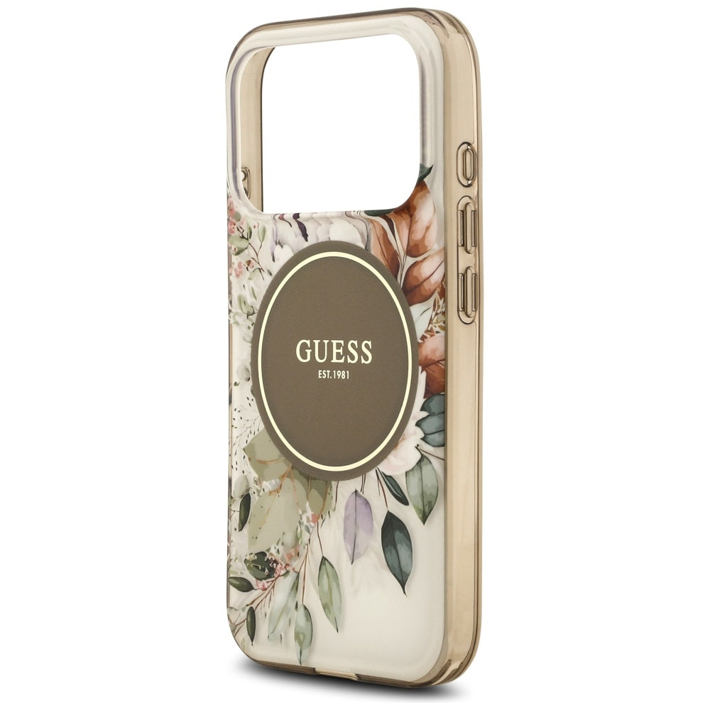 Husa MagSafe pentru Apple iPhone 17 Pro Max, Guess, IML Flower & Tonal Circle, Maro