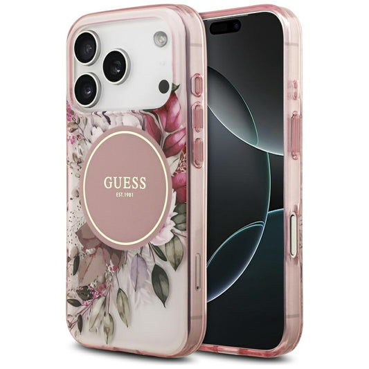 Husa MagSafe pentru Apple iPhone 17 Pro Max, Guess, IML Flower & Tonal Circle, Roz