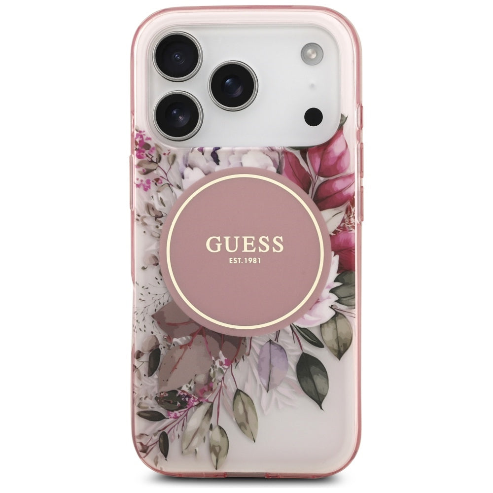 Husa MagSafe pentru Apple iPhone 17 Pro Max, Guess, IML Flower & Tonal Circle, Roz