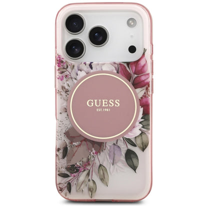 Husa MagSafe pentru Apple iPhone 17 Pro Max, Guess, IML Flower & Tonal Circle, Roz