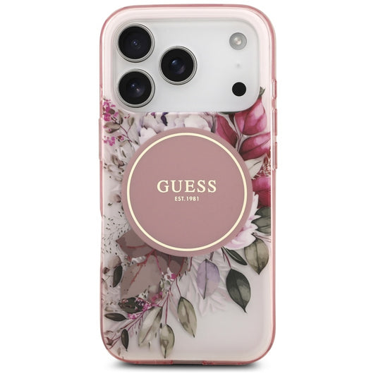 Husa MagSafe pentru Apple iPhone 17 Pro Max, Guess, IML Flower & Tonal Circle, Roz