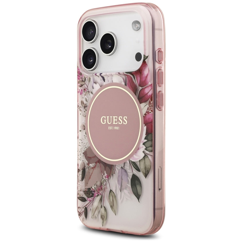 Husa MagSafe pentru Apple iPhone 17 Pro Max, Guess, IML Flower & Tonal Circle, Roz