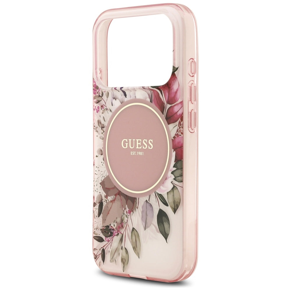 Husa MagSafe pentru Apple iPhone 17 Pro Max, Guess, IML Flower & Tonal Circle, Roz