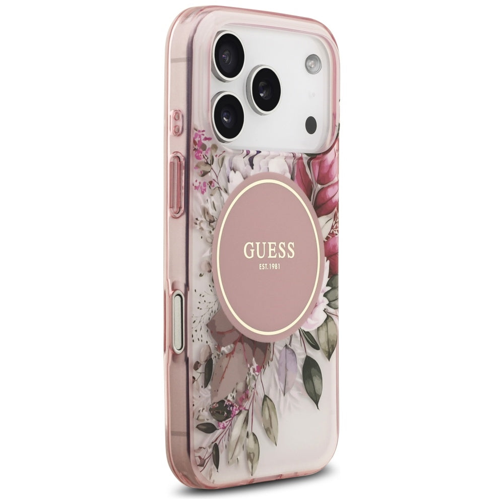 Husa MagSafe pentru Apple iPhone 17 Pro Max, Guess, IML Flower & Tonal Circle, Roz