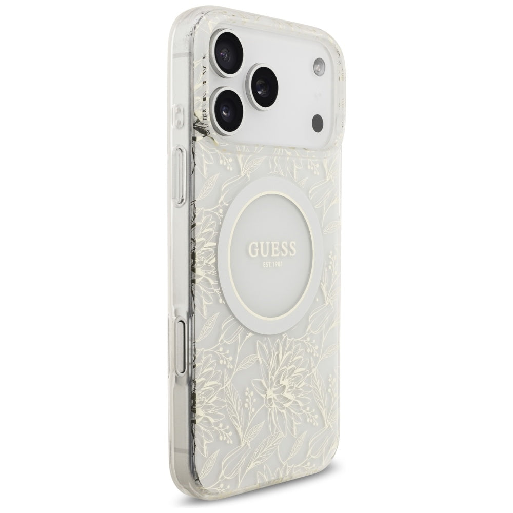 Husa MagSafe pentru Apple iPhone 17 Pro Max, Guess, IML Flowers Allover Electroplated with Pearl Strap, Alba