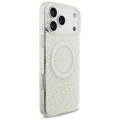 Husa MagSafe pentru Apple iPhone 17 Pro Max, Guess, IML Flowers Allover Electroplated with Pearl Strap, Alba