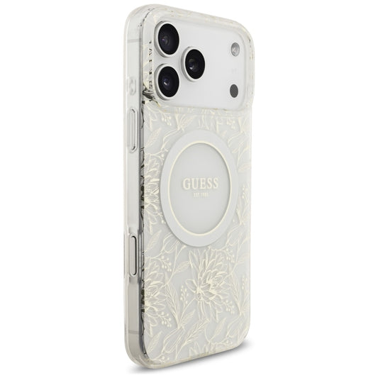 Husa MagSafe pentru Apple iPhone 17 Pro Max, Guess, IML Flowers Allover Electroplated with Pearl Strap, Alba