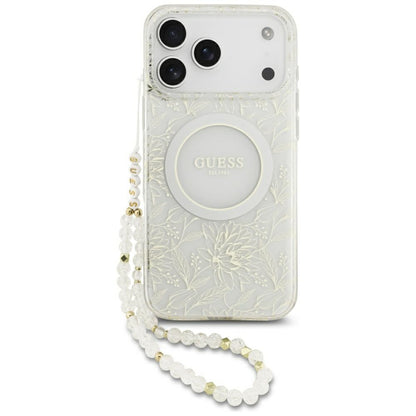 Husa MagSafe pentru Apple iPhone 17 Pro Max, Guess, IML Flowers Allover Electroplated with Pearl Strap, Alba