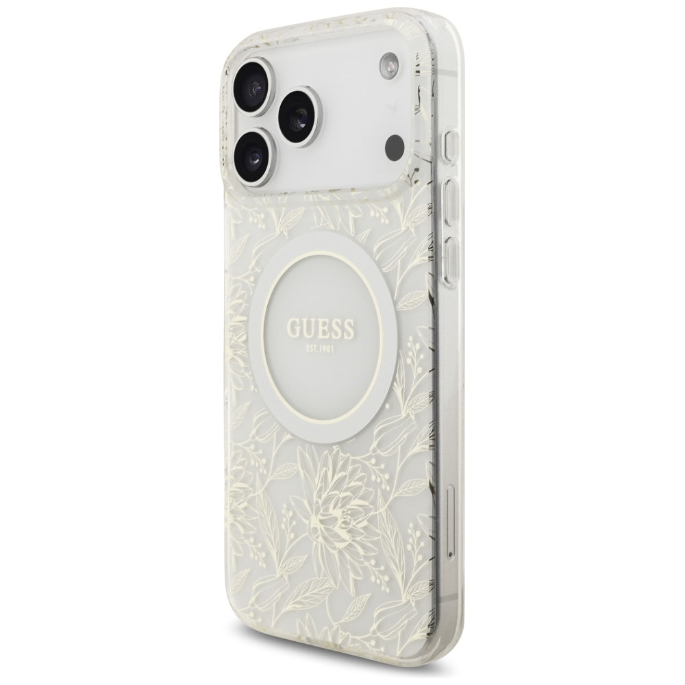 Husa MagSafe pentru Apple iPhone 17 Pro Max, Guess, IML Flowers Allover Electroplated with Pearl Strap, Alba