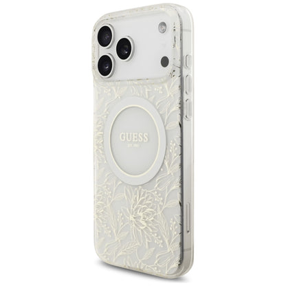 Husa MagSafe pentru Apple iPhone 17 Pro Max, Guess, IML Flowers Allover Electroplated with Pearl Strap, Alba