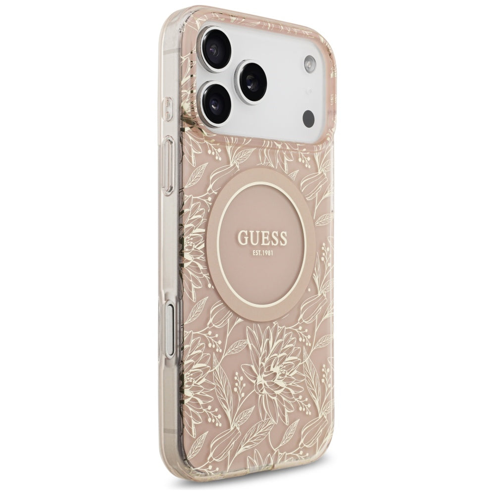 Husa MagSafe pentru Apple iPhone 17 Pro Max, Guess, IML Flowers Allover Electroplated with Pearl Strap, Roz