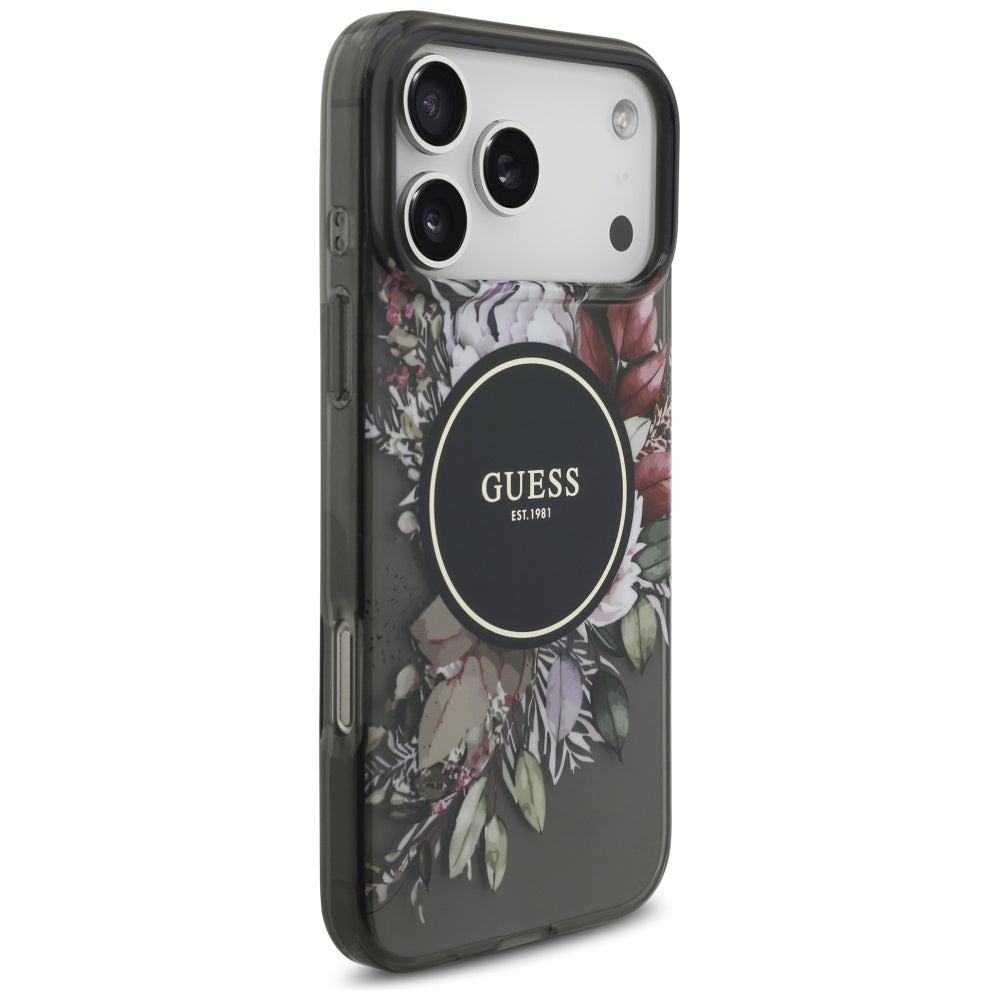 Husa MagSafe pentru Apple iPhone 17 Pro Max, Guess, IML Flowers with Pearl Strap, Neagra