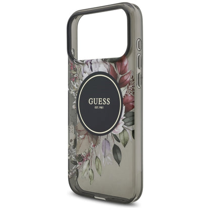 Husa MagSafe pentru Apple iPhone 17 Pro Max, Guess, IML Flowers with Pearl Strap, Neagra