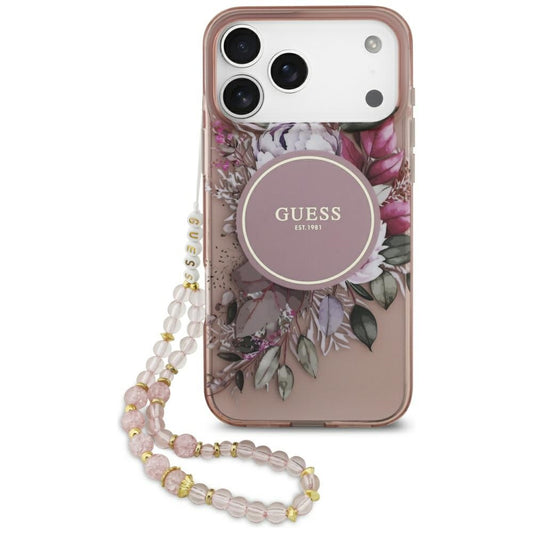 Husa MagSafe pentru Apple iPhone 17 Pro Max, Guess, IML Flowers with Pearl Strap, Roz