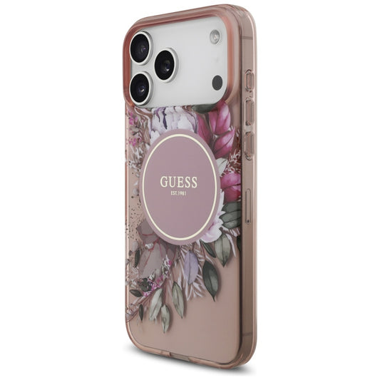 Husa MagSafe pentru Apple iPhone 17 Pro Max, Guess, IML Flowers with Pearl Strap, Roz
