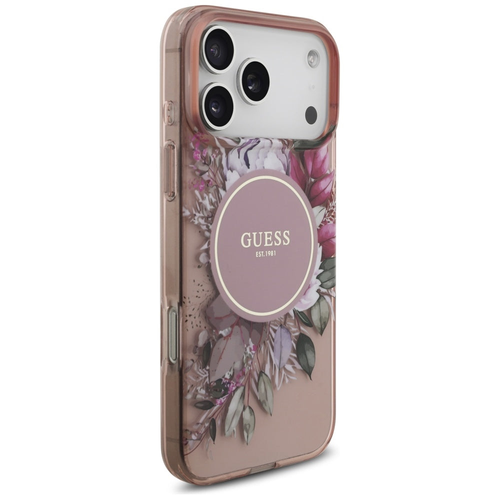 Husa MagSafe pentru Apple iPhone 17 Pro Max, Guess, IML Flowers with Pearl Strap, Roz