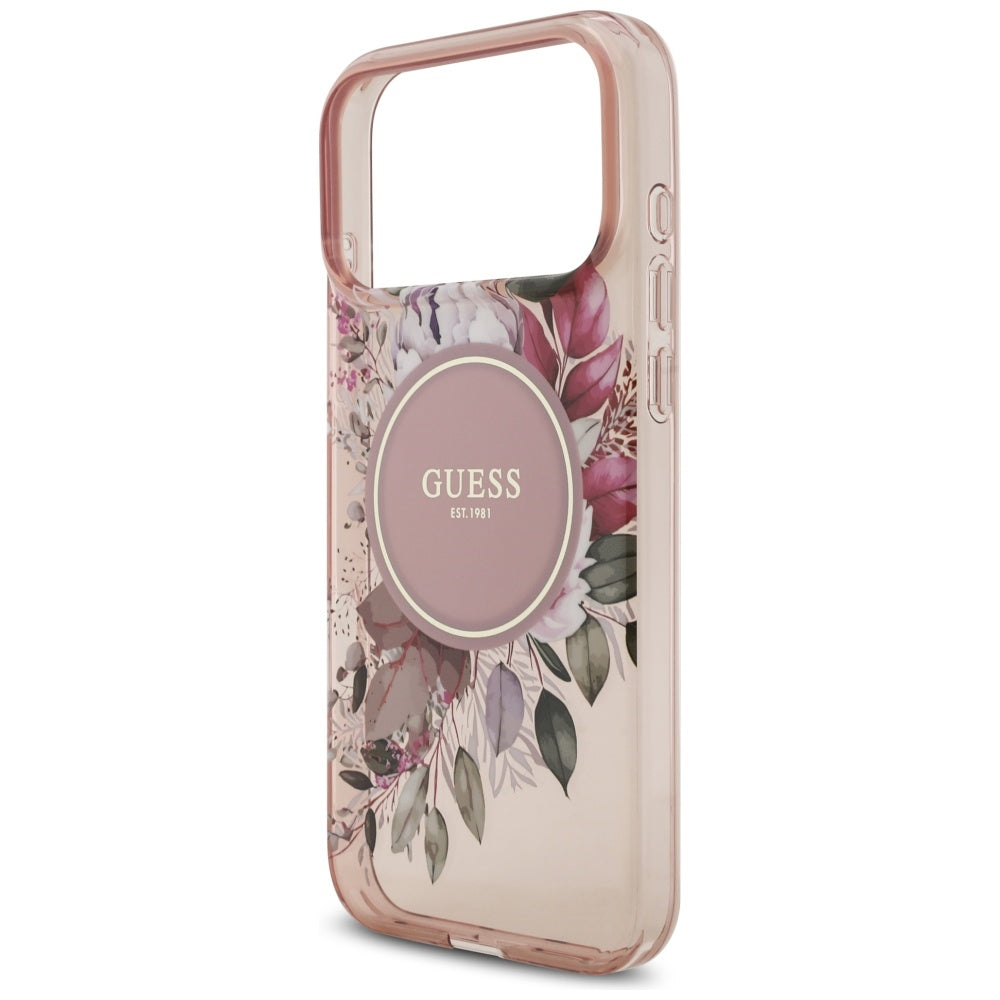 Husa MagSafe pentru Apple iPhone 17 Pro Max, Guess, IML Flowers with Pearl Strap, Roz
