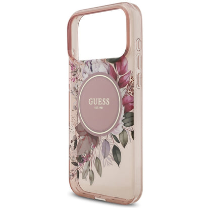 Husa MagSafe pentru Apple iPhone 17 Pro Max, Guess, IML Flowers with Pearl Strap, Roz
