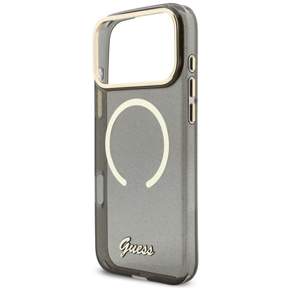 Husa MagSafe pentru Apple iPhone 17 Pro Max, Guess, IML Glitter Script Strap, Neagra