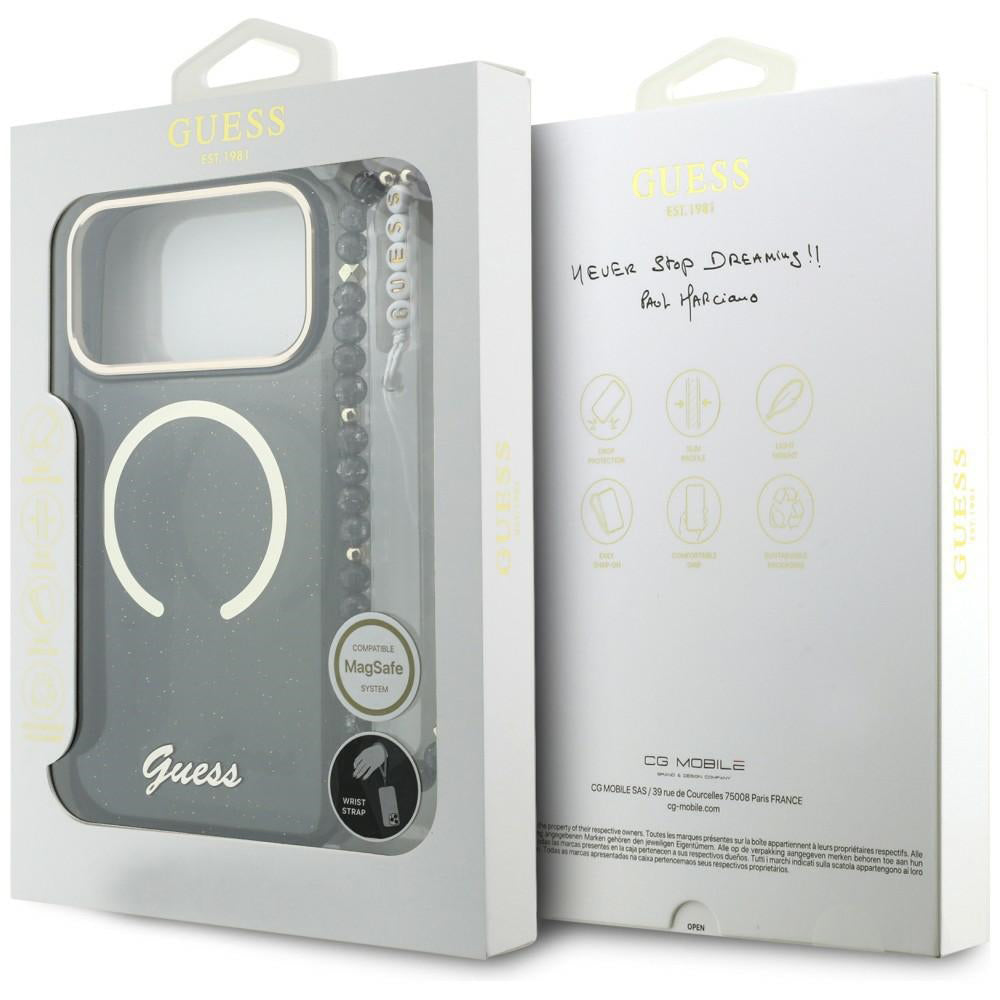 Husa MagSafe pentru Apple iPhone 17 Pro Max, Guess, IML Glitter Script Strap, Neagra