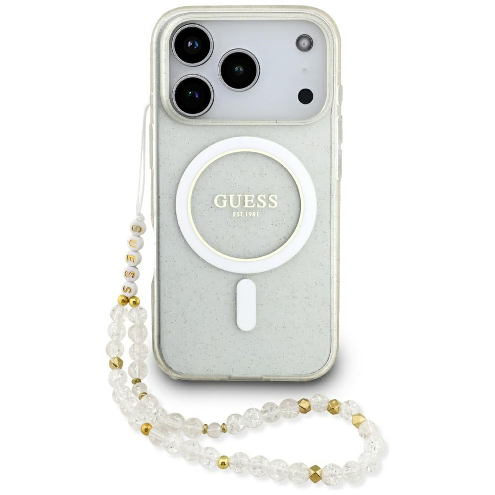 Husa MagSafe pentru Apple iPhone 17 Pro Max, Guess, IML Glitter with Pearl Strap, Transparenta