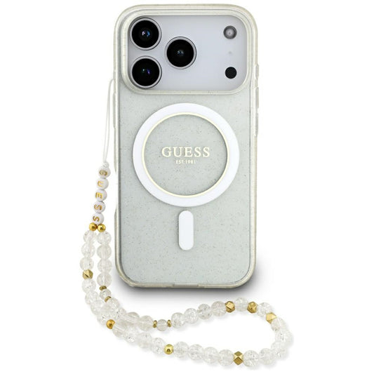 Husa MagSafe pentru Apple iPhone 17 Pro Max, Guess, IML Glitter with Pearl Strap, Transparenta