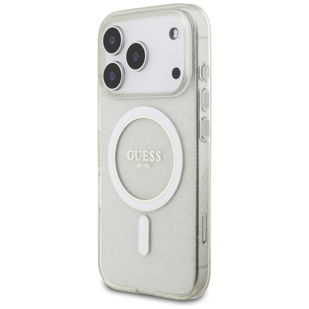 Husa MagSafe pentru Apple iPhone 17 Pro Max, Guess, IML Glitter with Pearl Strap, Transparenta