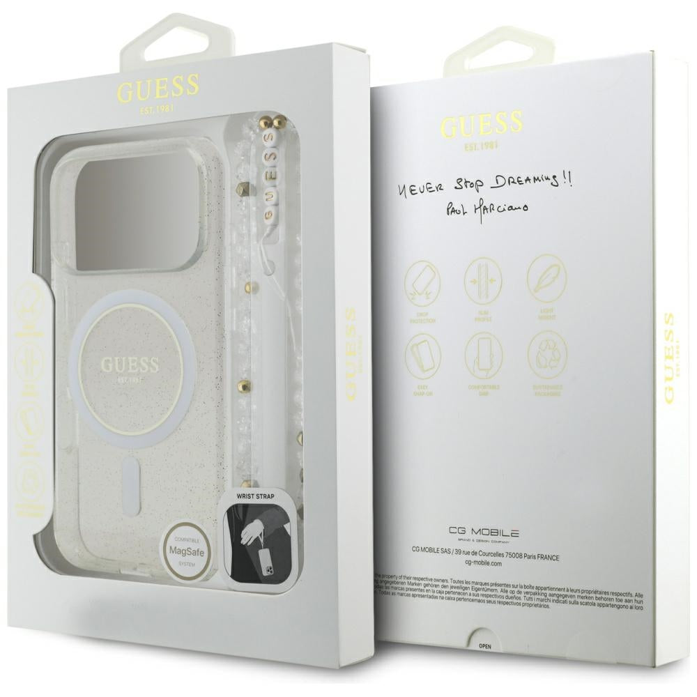 Husa MagSafe pentru Apple iPhone 17 Pro Max, Guess, IML Glitter with Pearl Strap, Transparenta