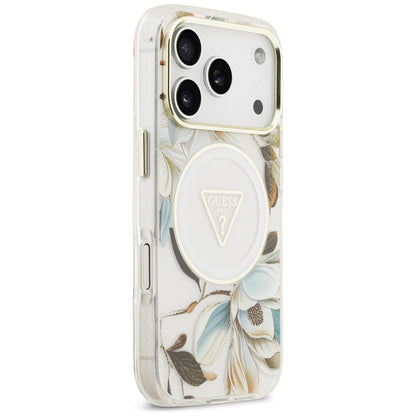 Husa MagSafe pentru Apple iPhone 17 Pro Max, Guess, IML Metal Glitter Flowers Triangle, Alba