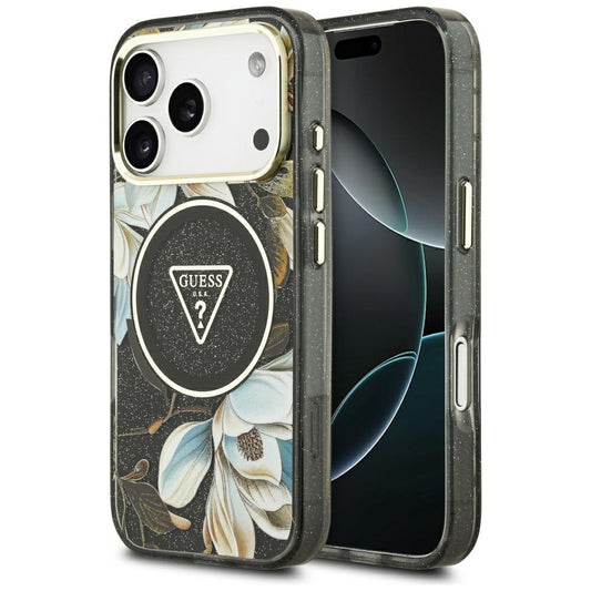Husa MagSafe pentru Apple iPhone 17 Pro Max, Guess, IML Metal Glitter Flowers Triangle, Neagra