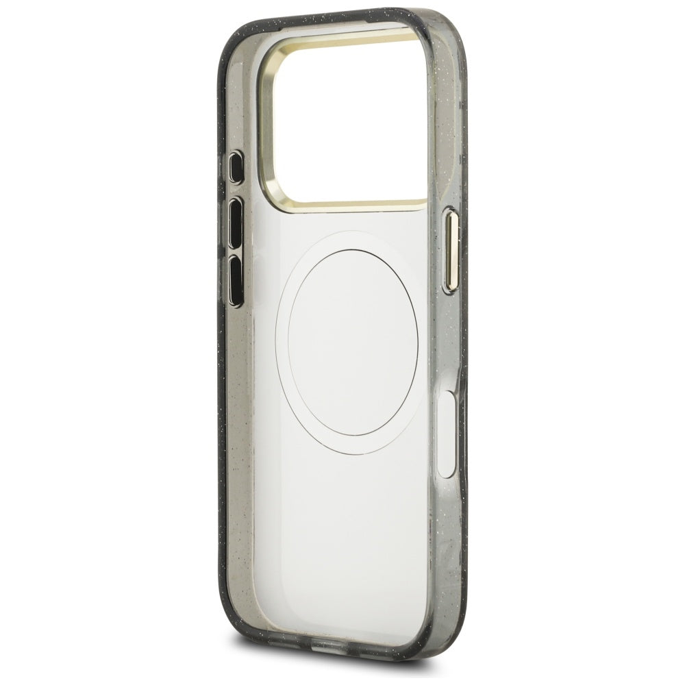 Husa MagSafe pentru Apple iPhone 17 Pro Max, Guess, IML Metal Glitter Flowers Triangle, Neagra