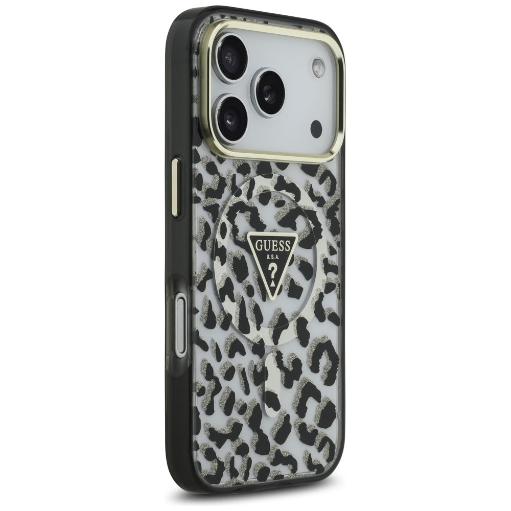 Husa MagSafe pentru Apple iPhone 17 Pro Max, Guess, Leopard Glitter, Neagra