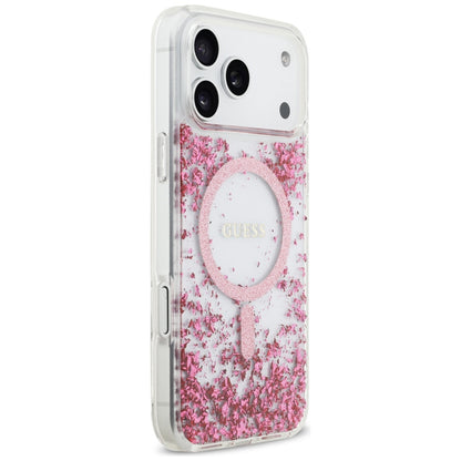 Husa MagSafe pentru Apple iPhone 17 Pro Max, Guess, Resin Bottom Glitter, Roz