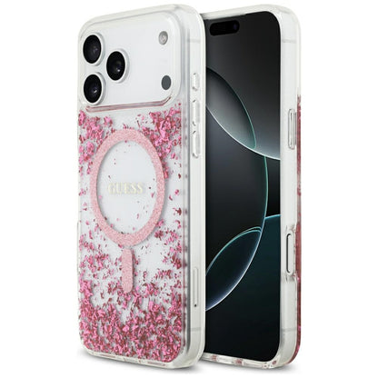 Husa MagSafe pentru Apple iPhone 17 Pro Max, Guess, Resin Bottom Glitter, Roz