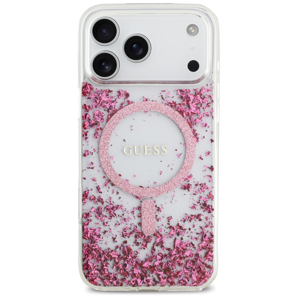 Husa MagSafe pentru Apple iPhone 17 Pro Max, Guess, Resin Bottom Glitter, Roz